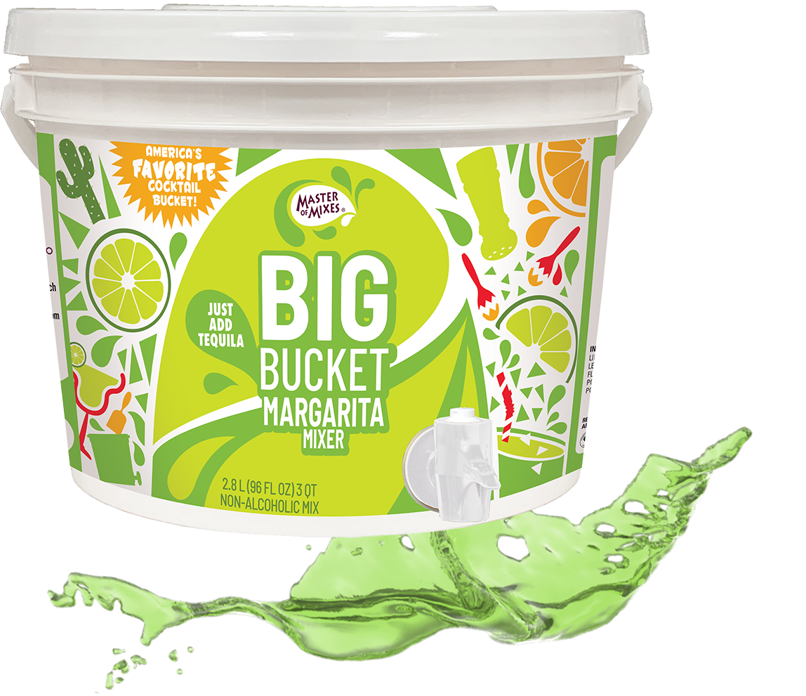 Big Bucket Margarita mixer with a green liquid splash behind the bucket